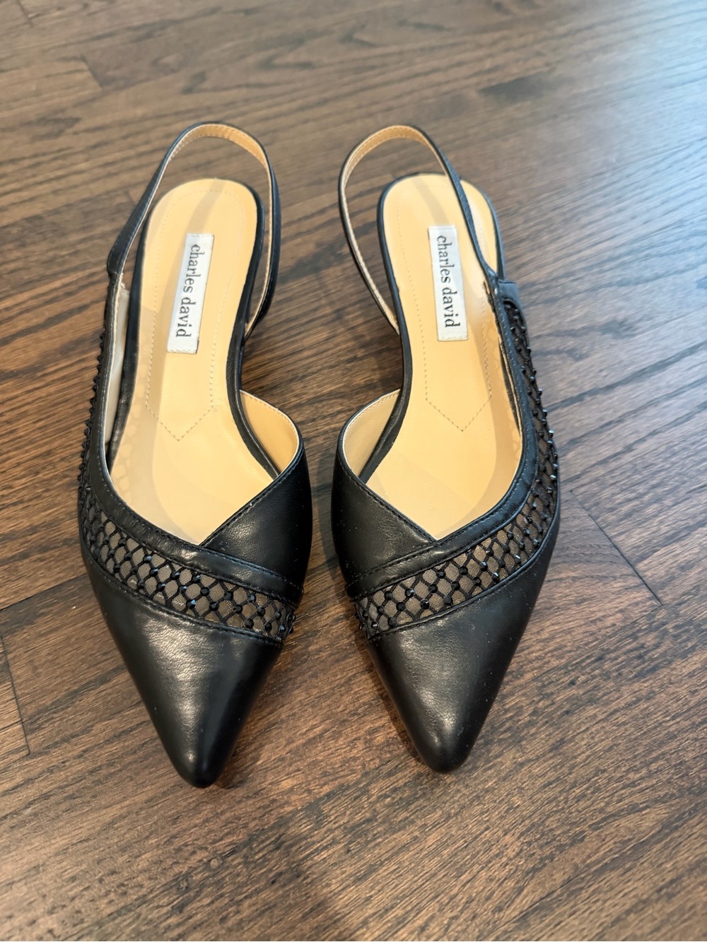 Charles David Black Pointed Slingback Heels with Mesh Detail